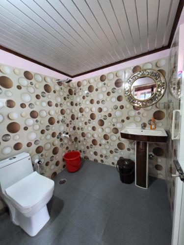 ein Badezimmer mit Toilette, Waschbecken und Spiegel in der Unterkunft CoffeeINN Homestay - Private Cottage, Water Activities and Home Food in Sakleshpur