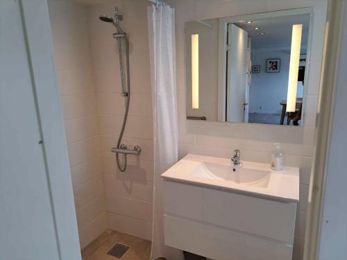 a bathroom with a sink and a shower with a mirror at Idyllic Country Apartment Incl All Utilities in Christiansfeld