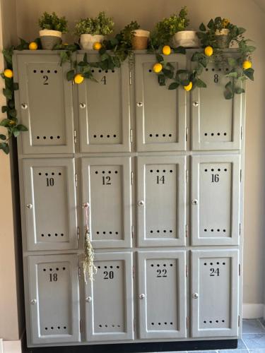 a wall of lockers with oranges and plants on top at Erve de Kippe - Logies bij de Barones in Epse