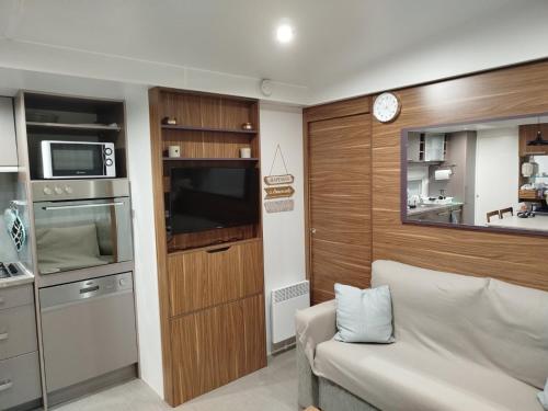 a living room with a couch and a tv and a kitchen at Domaine de Dugny mobile home confortable in Veuzain-sur-Loire