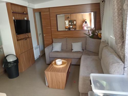 a living room with a couch and a table at Domaine de Dugny mobile home confortable in Veuzain-sur-Loire