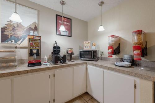una cucina con un piano di lavoro con un forno a microonde di Econo Lodge Cortez near Mesa Verde a Cortez