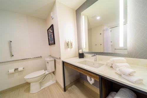 a bathroom with a sink and a toilet and a mirror at Hilton Garden Inn Dayton Downtown in Dayton