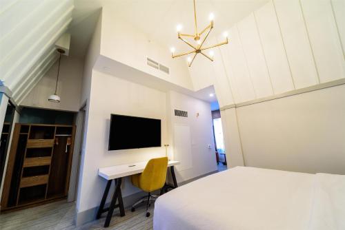 a bedroom with a bed and a desk and a tv at Hilton Garden Inn Dayton Downtown in Dayton