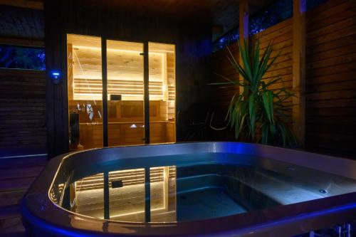a jacuzzi tub in a house with a plant at Meszes Twins in Kalocsa