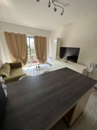 a living room with a table and a couch and a television at Apartment in Cros de Cagnes in Cagnes-sur-Mer