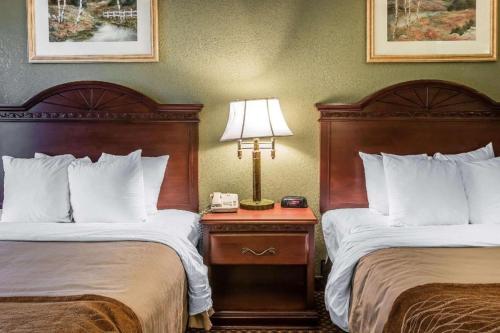 a hotel room with two beds and a table with a lamp at Quality Inn & Suites Ann Arbor Hwy 23 in Ann Arbor