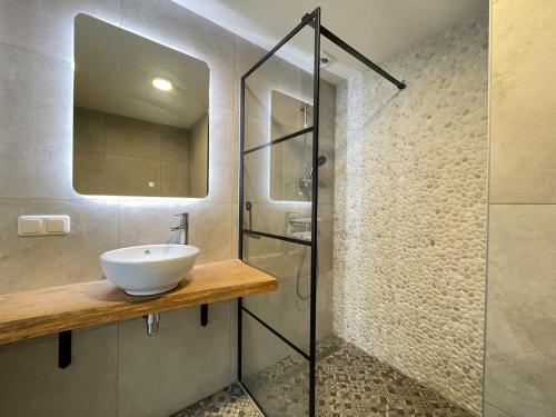 a bathroom with a sink and a glass shower at De Tuinkamer in Egmond aan den Hoef
