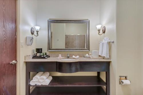 A bathroom at Super 8 by Wyndham Hidalgo at La Plaza Mall & Mcallen Airport