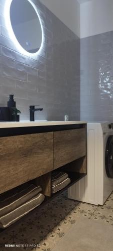 a bathroom with a sink and a washing machine at Morava apartmán 5 manželská postel a postel pro 3 osobu, parkování zdarma Šafaříkova 855 Uherské Hradiště in Uherské Hradiště