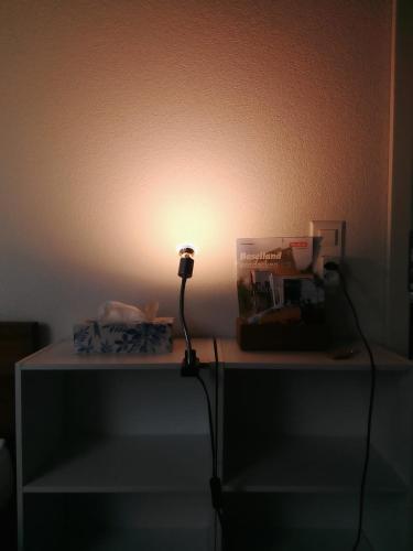 a table with a light on top of it at Basel Rühige Zimmer mit grösse Doppelbett in Binningen