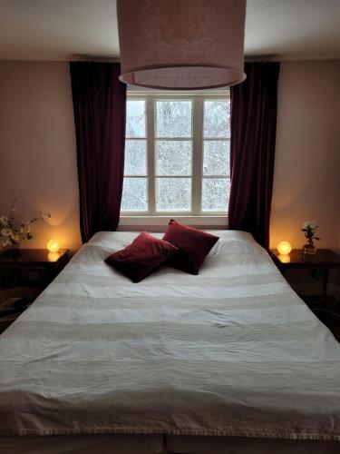 a bed with two red pillows in front of a window at Korsbacken in Tenhult