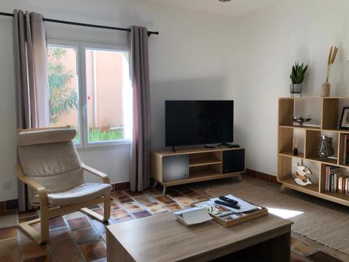 a living room with a chair and a television at Gite 5 pers en Provence avec grand jardin & piscine partagés - 5 people holiday home with shared swimming pool & garden in Provence in Cornillon-Confoux
