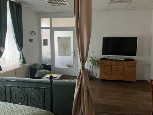 a living room with a bed and a television at Ferienwohnung 23 Zur alten Ladeneinheit in Krauschwitz