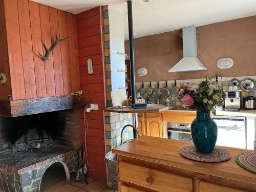 een keuken met een open haard en een vaas met bloemen op een tafel bij Chalet L'Eider in Bolquere Pyrenees 2000