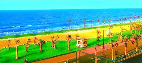 an overhead view of a beach with palm trees and the ocean at Porto Said شاليه ملكى صف اول بحر بورتو سعيد in Port Said
