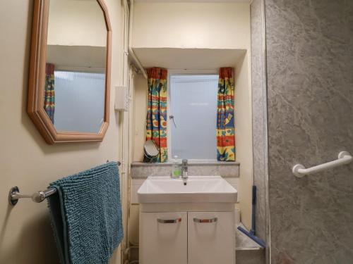 a bathroom with a sink and a shower with a mirror at Vine Cottage in Burton Bradstock