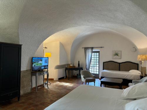 a hotel room with a bed and a television at Garrigae Abbaye de Sainte Croix in Salon-de-Provence