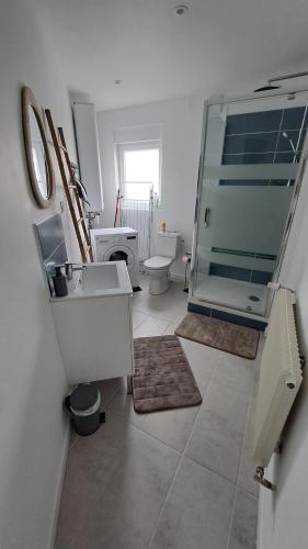 a bathroom with a sink and a shower and a toilet at La baraque bleriot beach in Sangatte