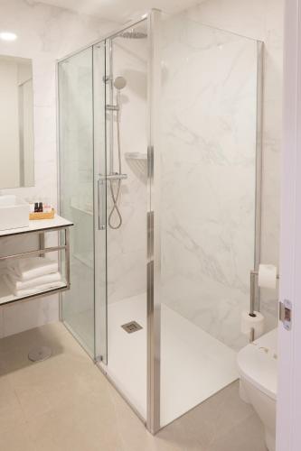 a shower with a glass door in a bathroom at Hotel Apartamentos Dabarca in Pontevedra