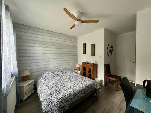 a bedroom with a bed and a ceiling fan at Jolie chambre dans quartier calme in Eysines
