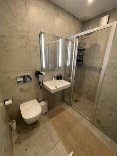 a bathroom with a toilet and a shower and a sink at MuunLiving in Ķesterciems