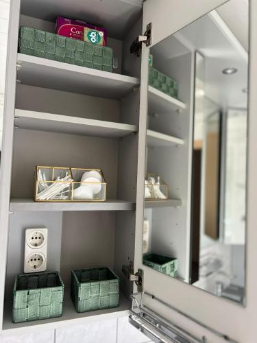 a bathroom with a mirror and a shelf with baskets at Bachnixe 1 in Seebach
