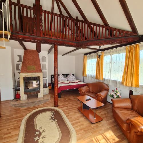 a living room with a couch and a fireplace at Pensiunea Luceafărul, Pasul Mestecăniș in Valea Putnei
