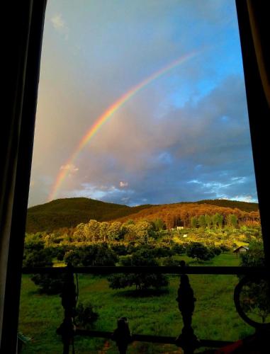 a rainbow in the sky over a field at Napahong Treehouse นาป่าฮง Andromeda & Cassiopeia in Ban Pa Ha