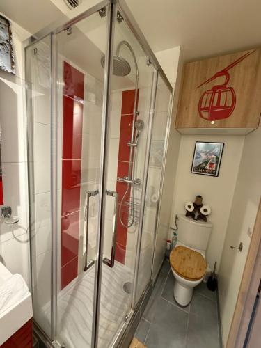 eine Duschkabine im Bad mit WC in der Unterkunft CHAMONIX Centre - Studio de charme avec parking, Vue sur le Mont-Blc in Chamonix-Mont-Blanc
