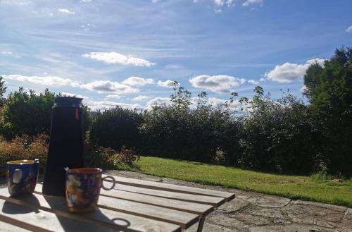a picnic table with two coffee mugs and a trash can at Spacious, quiet and cosy apartment near Kongeparken & Pulpit Rock in Ålgård