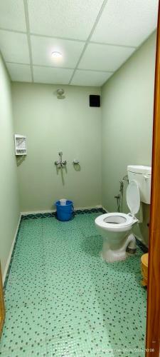 a bathroom with a toilet and a green tiled floor at Abba's Glory Land - Agonda in Agonda