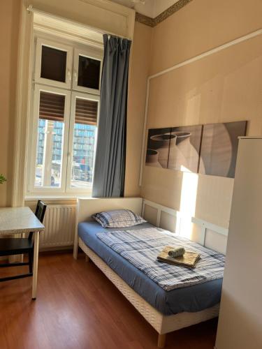 ein Schlafzimmer mit einem Bett mit blauer Bettdecke und zwei Fenstern in der Unterkunft Good Luck in Budapest