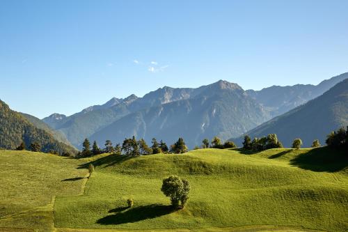 a helicopter flying over a green field with mountains in the background at Pfitscherhof in Campo di Trens
