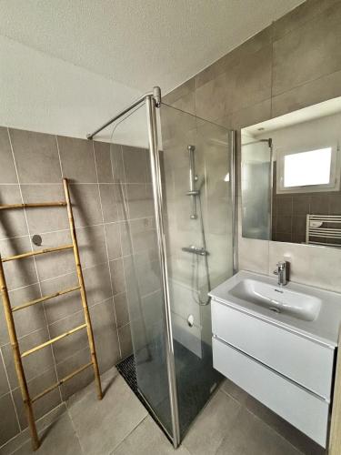 a bathroom with a glass shower and a sink at Maison Dolce Vita in Ghisonaccia
