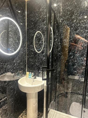 a bathroom with a shower with a sink and a toilet at The Goodrington Sands- Apart Hotel in Paignton