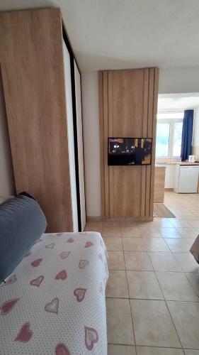 Un dormitorio con una cama y un televisor de pantalla plana. en Studio Jupi, en Pržno