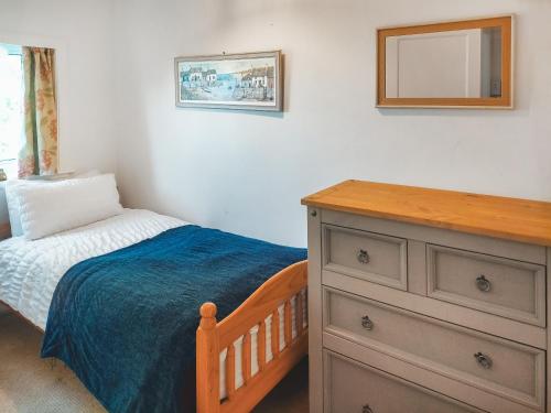 a bedroom with a bed and a dresser with a mirror at Birch in Llanddona