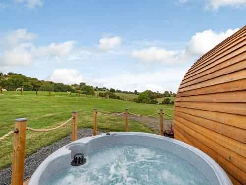 a jacuzzi tub with a view of a field at Beech Uk36260 in Llanfair Caereinion