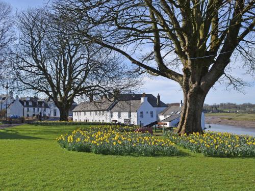 a bunch of flowers in a field with trees and houses at Farmhouse in Dunragit