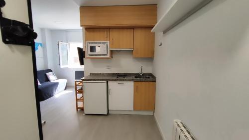 a small kitchen with a sink and a microwave at Estudio vistas al Veleta Parking Gratis in Monachil