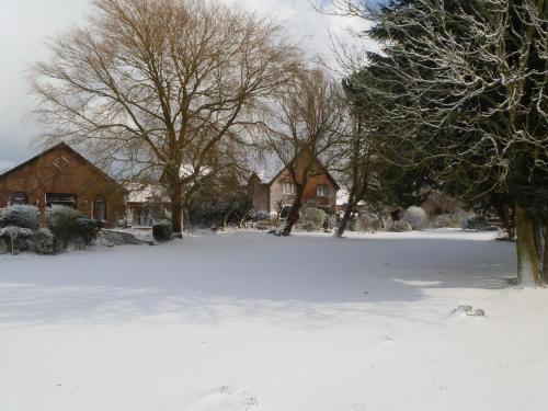 a yard covered in snow with trees and houses at Hayloft-E2699 in Winthorpe
