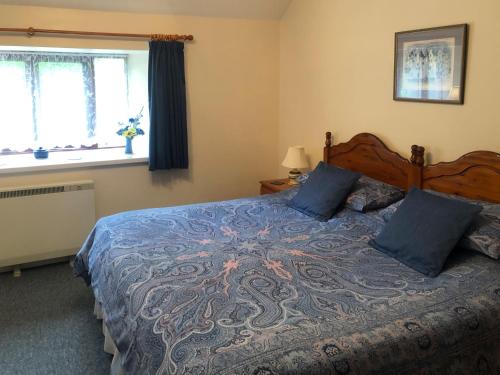 ein Schlafzimmer mit einem großen Bett mit blauen Kissen in der Unterkunft Anvil in Dalbeattie