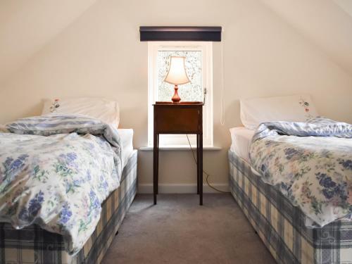 a bedroom with two beds and a table with a lamp at Hilley Holey in Horning