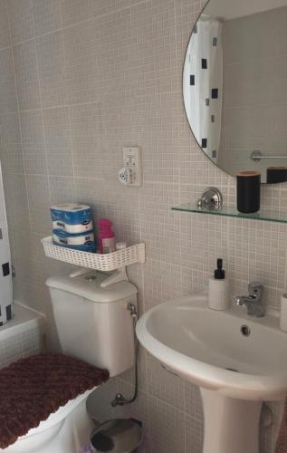 a bathroom with a sink and a toilet and a mirror at Sunset Green 02 in Paphos City