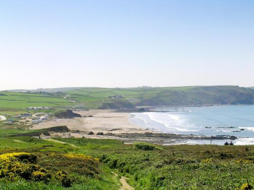 a view of a beach and the ocean from a hill at Green Valley Retreat in Holsworthy