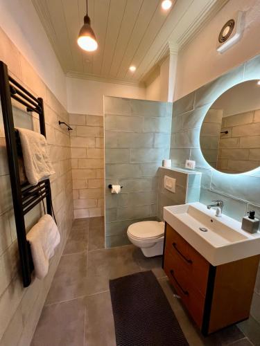 a bathroom with a toilet and a sink and a mirror at Our Townhouse in Gjirokastër