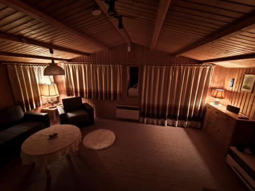 a living room with a couch and a table at Bergners Hütte in Twielenfleth