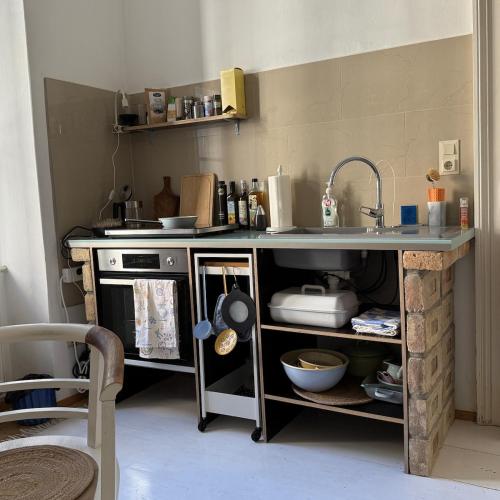a kitchen with a counter with a sink and a stove at Palais am Park in Krems an der Donau