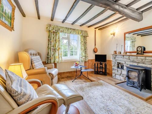 a living room with a couch and a fireplace at Mavis Cottage in Kington